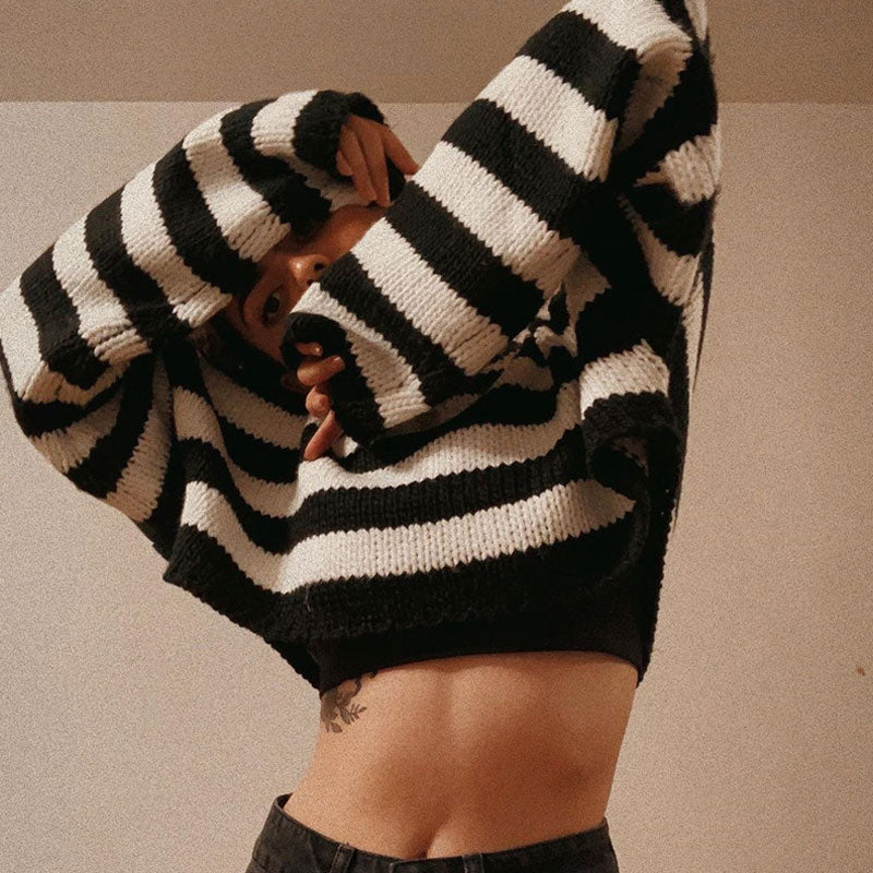 Pullover Long Sleeve Cropped Striped Sweater - Stripe