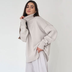 High Low Turtleneck Long Sleeve Sweater - Gray