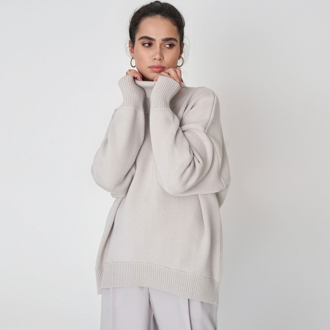 High Low Turtleneck Long Sleeve Sweater - Gray