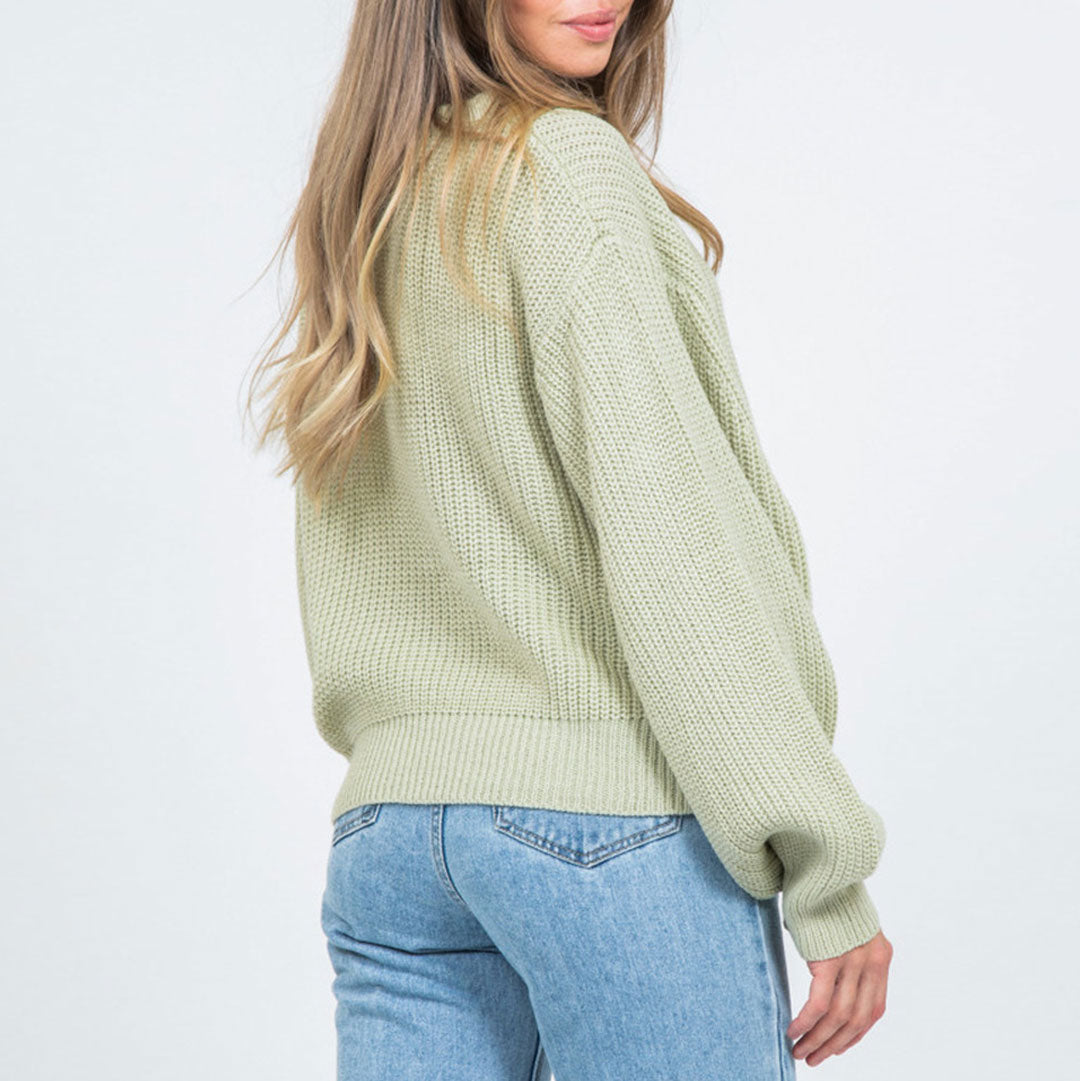 Round Neck Bishop Sleeve Pullover Sweater - Sage Green