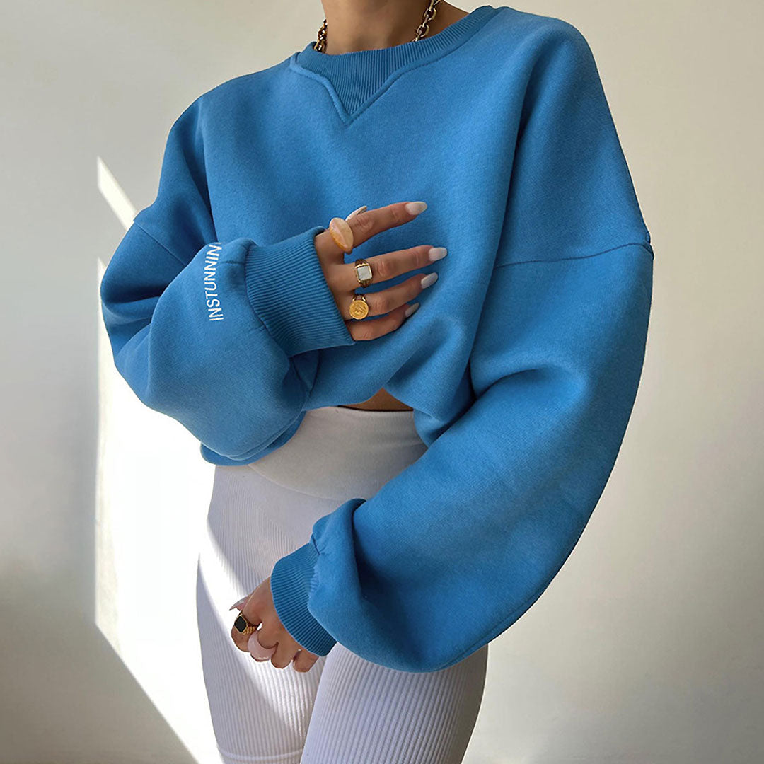 Lettering Trim Drop Shoulder Long Sleeve Sweatshirt - Royal Blue