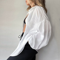 Textured Drop Shoulder Bishop Sleeve Button Up Collared Shirt - White