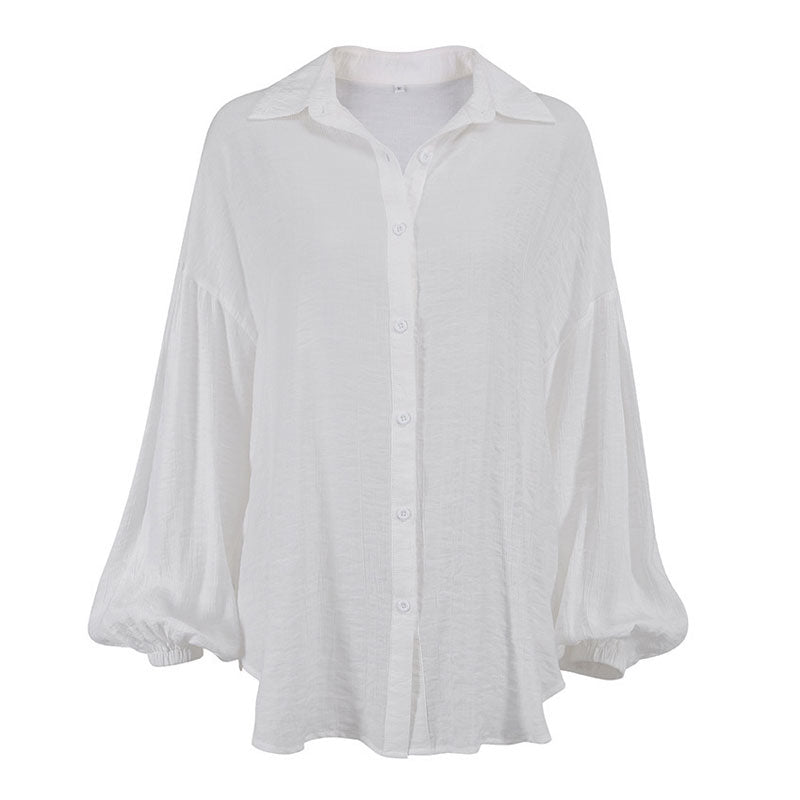 Textured Drop Shoulder Bishop Sleeve Button Up Collared Shirt - White