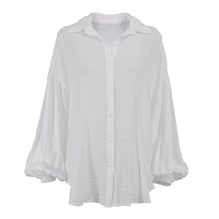 Textured Drop Shoulder Bishop Sleeve Button Up Collared Shirt - White