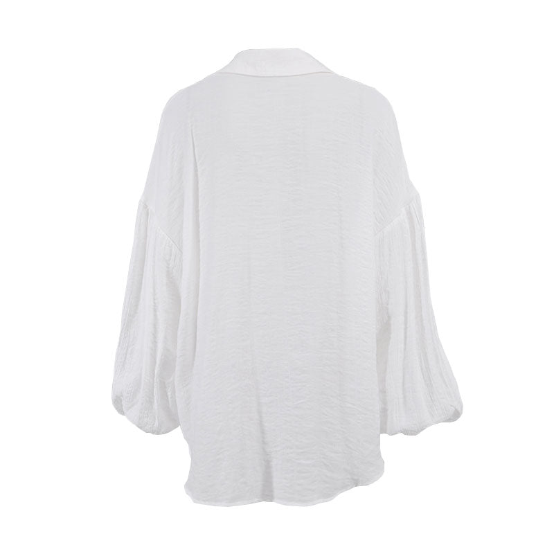 Textured Drop Shoulder Bishop Sleeve Button Up Collared Shirt - White