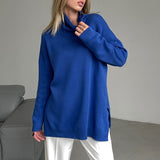 Long Sleeve Slit Trim Pullover Sweater - Royal Blue