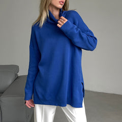 Long Sleeve Slit Trim Pullover Sweater - Royal Blue