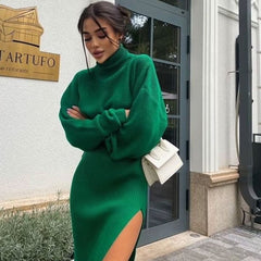 Sweater High Split Midi Skirt Matching Set - Emerald Green