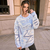 Print Ribbed Long Sleeve Pullover Sweater - Blue