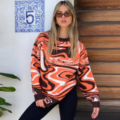 Print Ribbed Long Sleeve Pullover Sweater - Burnt Orange