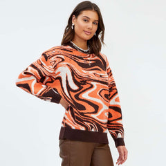 Print Ribbed Long Sleeve Pullover Sweater - Burnt Orange