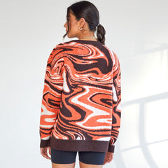 Print Ribbed Long Sleeve Pullover Sweater - Burnt Orange