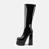 Patent Leather Square Toe Chunky Platform Knee High Boots - Jet Black