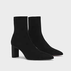 Botas elegantes de media pantorrilla con tacón grueso y punta puntiaguda - Negro