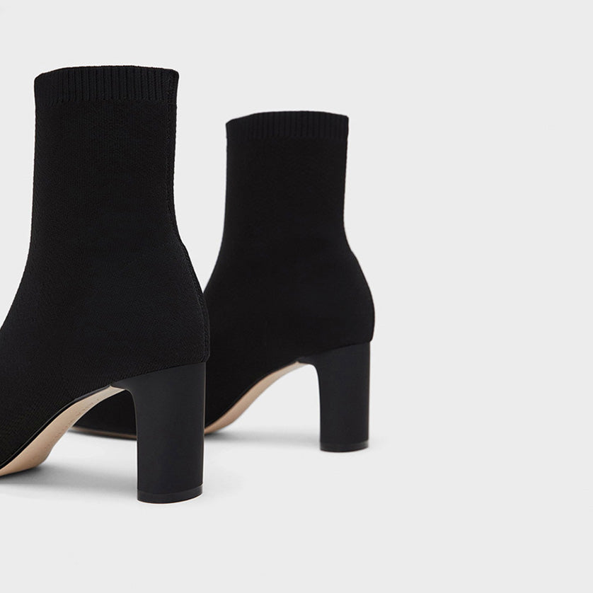 Elegant Pointed Toe Chunky Heel Mid Calf Sock Boots - Black
