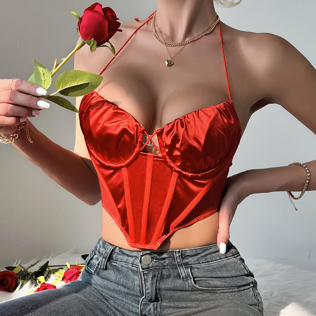 Polished Ruched Sweetheart Satin Crop Corset Top - Orange Red