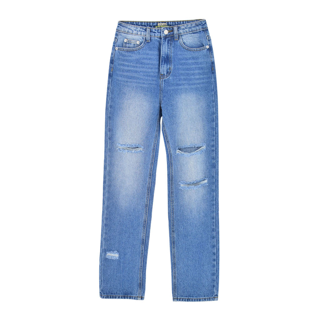 Cut Out High Waist Frayed Straight Leg Jeans - Blue