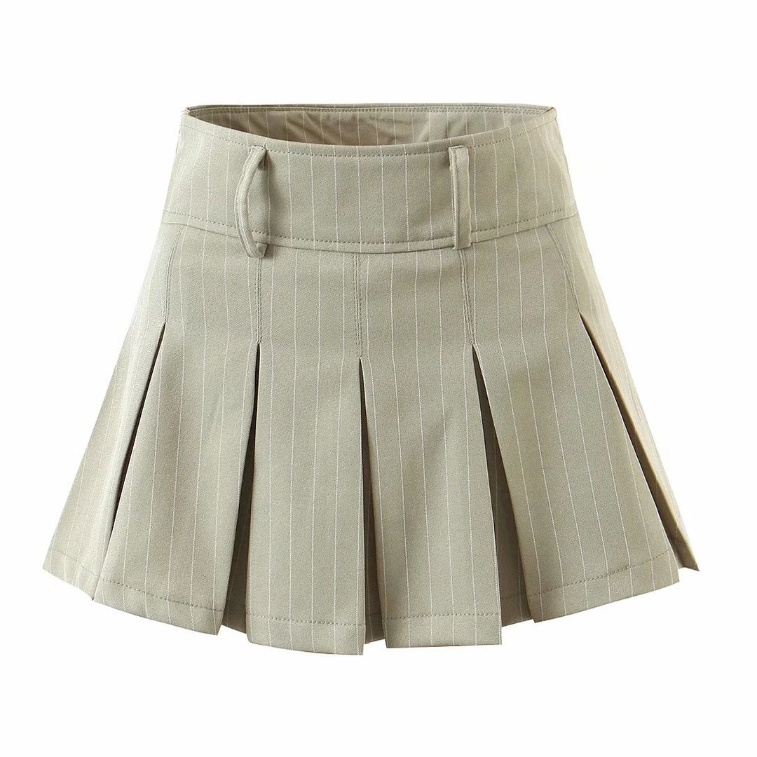 Stripe Print High Waist Pleated Mini Skirt - Khaki