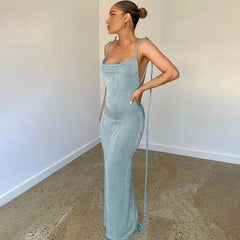 Pretty Cowl Neck Draped Backless Maxi Dress - Denim Blue