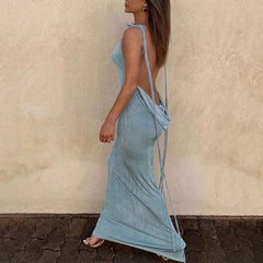 Pretty Cowl Neck Draped Backless Maxi Dress - Denim Blue