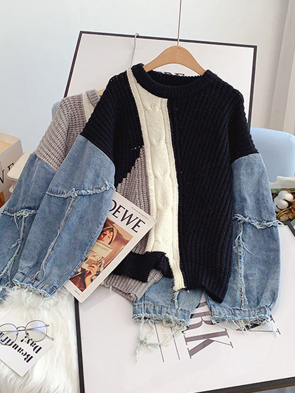 Knitted Denim Patchwork Sweaters