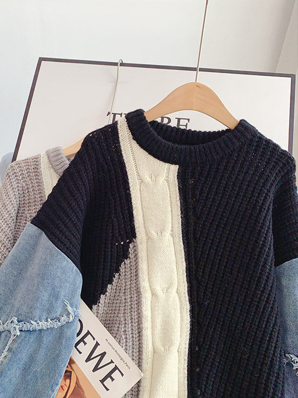 Knitted Denim Patchwork Sweaters