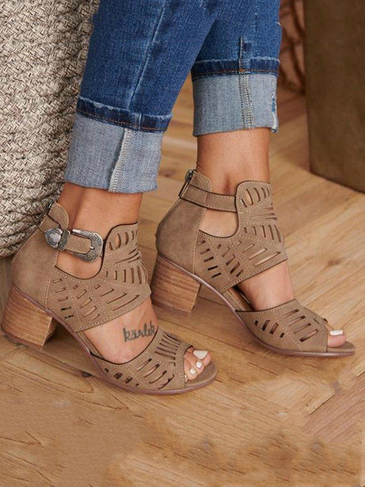 Hollow Out Chunky Heel Sandals