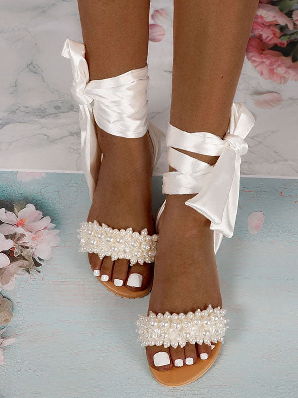 Ankle Strap Beaded Flat Heel Sandals