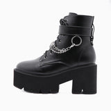 Chain-Link Strap Lace Up Chunky Heel Platform Boots - Black