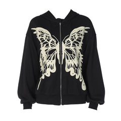 Butterfly Print Drop Shoulder Long Sleeve Hoodie - Black