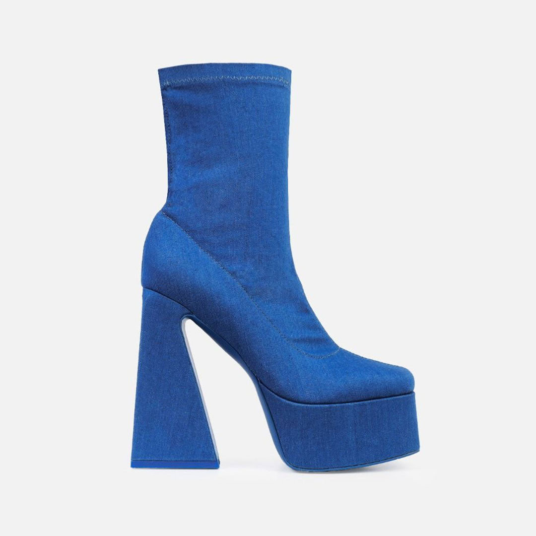 Punky Block High Heel Square Toe Platform Mid Calf Boots - Denim Blue