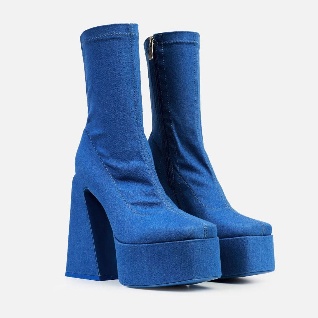 Botas de media pantorrilla con plataforma, punta cuadrada y tacón alto estilo punk - Azul vaquero