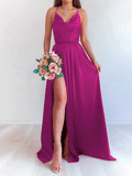 Solid Color V Neck Spaghetti Strap Slit Dress