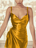 Solid Color Ruched Drawstring Slit Dress