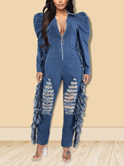 Jeans-Jumpsuit mit Puffärmeln und Quasten