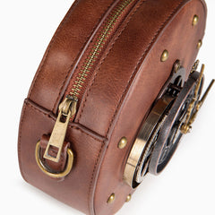 Zip Top Clock Trim Round Crossbody Bag - Brown