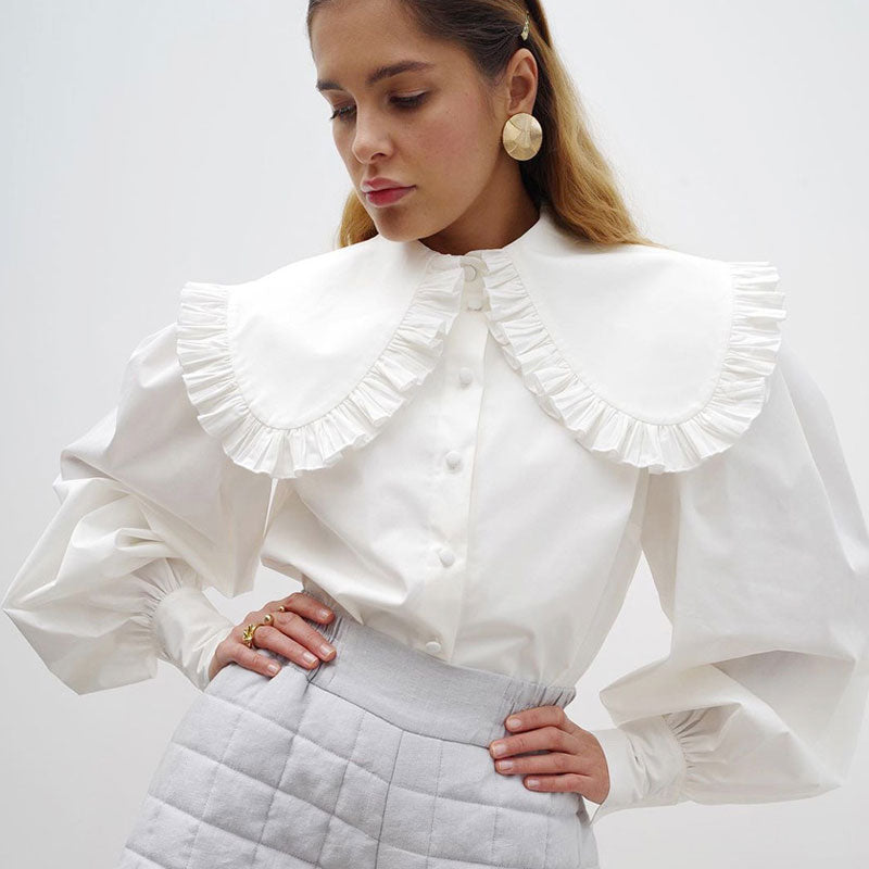 Peter Ruffles Retro Ruched Ruffle Peter Pan Collar Button Up Bishop Sleeve Blouse ...