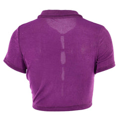 Collared Short Sleeve Button Up Crop Top - Purple