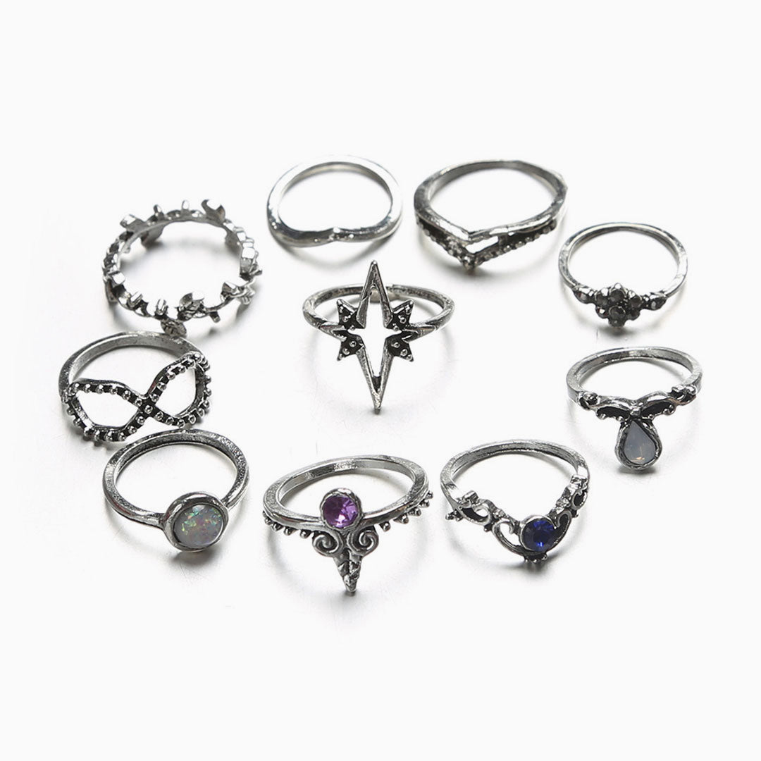 The Boho Weekend Multi Mix Rhinestone Embellished Ring Set - Silver