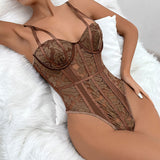 Bustier Floral Lace Cami Cheeky Bodysuit - Brown