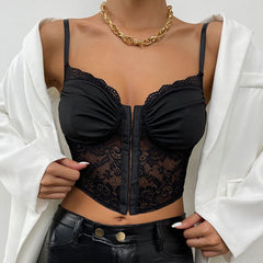 Bustier Hook and Eye Cropped Sheer Floral Lace Top - Black