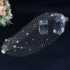 Faux Pearl Embellished Single Layer Birdcage Veil Hair Comb - White