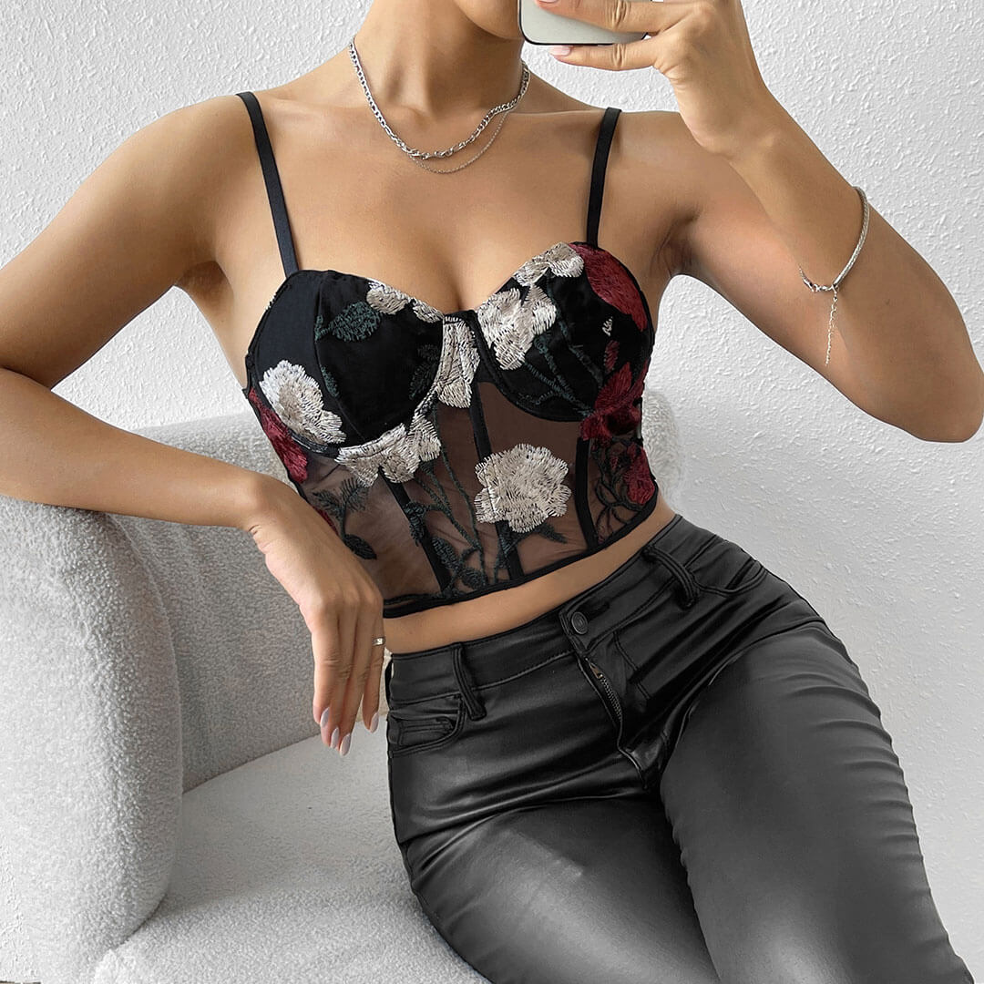 Floral Embroidered Cropped Corset Top - Black