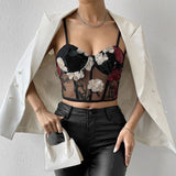 Floral Embroidered Cropped Corset Top - Black