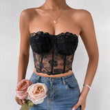 Embroidered Sheer Tulle Crop Corset Tube Top - Black