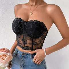 Embroidered Sheer Tulle Crop Corset Tube Top - Black