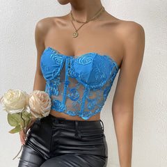 Embroidered Sheer Tulle Crop Corset Tube Top - Blue