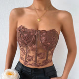 Embroidered Sheer Tulle Crop Corset Tube Top - Brown