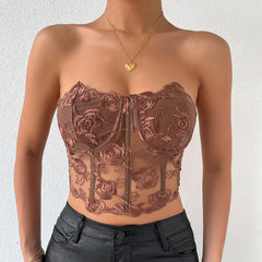 Embroidered Sheer Tulle Crop Corset Tube Top - Brown