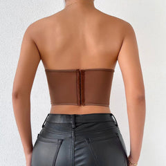 Embroidered Sheer Tulle Crop Corset Tube Top - Brown